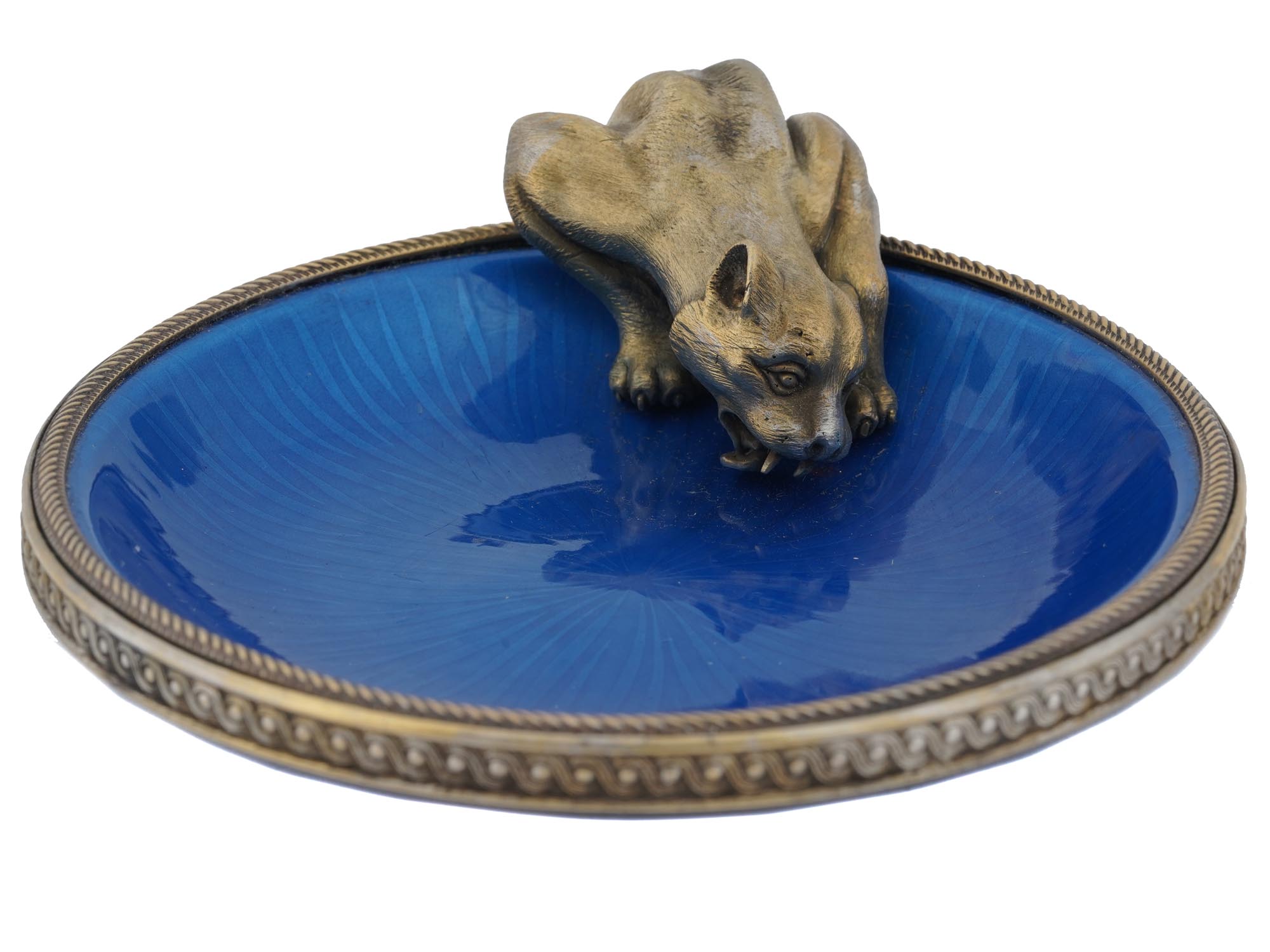 RUSSIAN GILT SILVER BLUE ENAMEL PANTHER ASHTRAY PIC-2